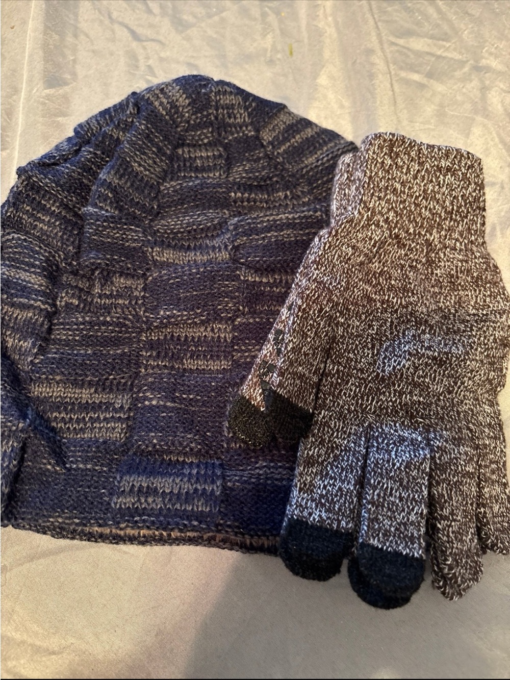 Knitted Beanie and Touchscreen Gloves Set - Navy and Brown